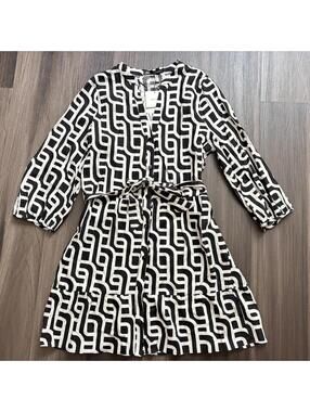 NEW Zara Dress Women's Size Small Linen Blend Geometric Print Black White